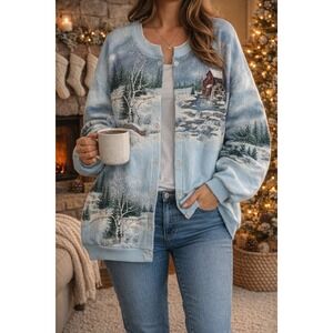 Artisans Sunschein Designs Winter Scene Cardigan Sweatshirt Blue XXL NWT Spot